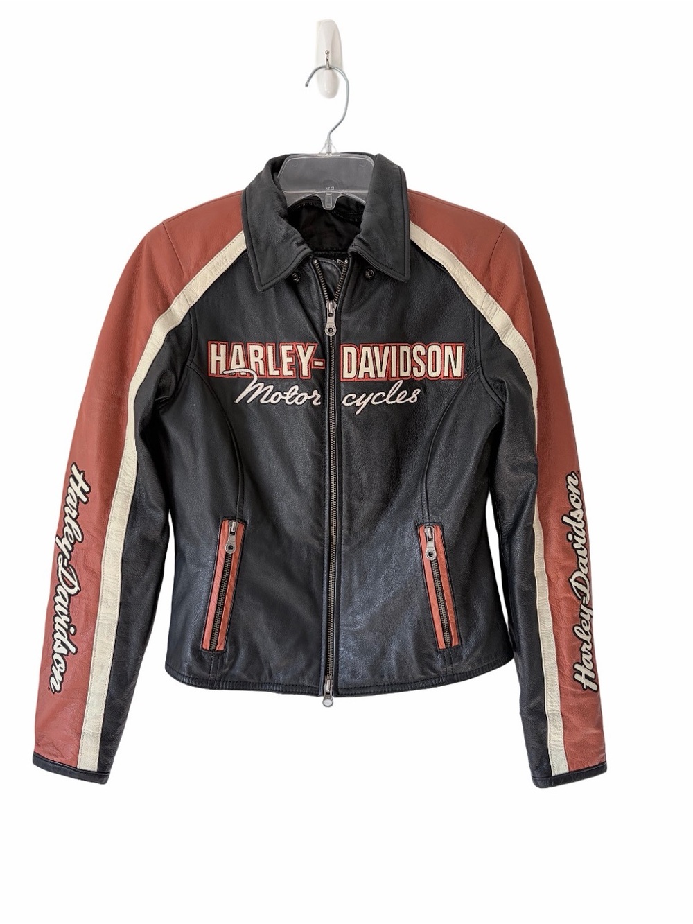 Harley Davidson Vintage Cruiser Leather Jacket size XS Black Cream Orange